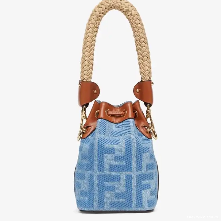 Vintage HOT with Handle Straw Motif Straw Tresor Bag Mon Fendi Bucket Mini In FF Blue 0323